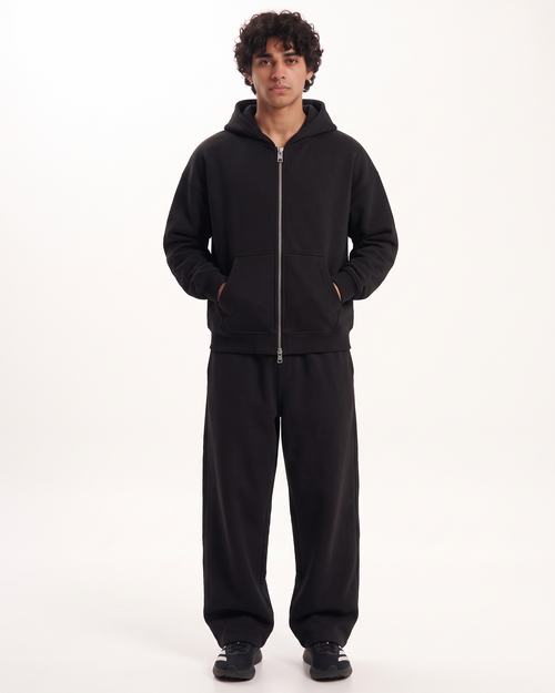 Black Boxy Dual Zipper Hoodie | 360 GSM Cotton Boxy Hoodie