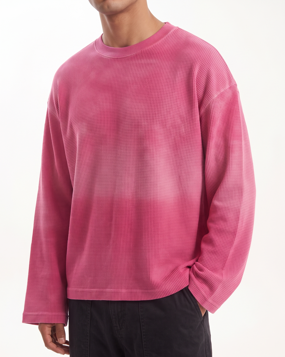 Pink Ombré Waffle Knit Oversized Full-Sleeve T-Shirt | 240 GSM Cotton Waffle Knit Tee