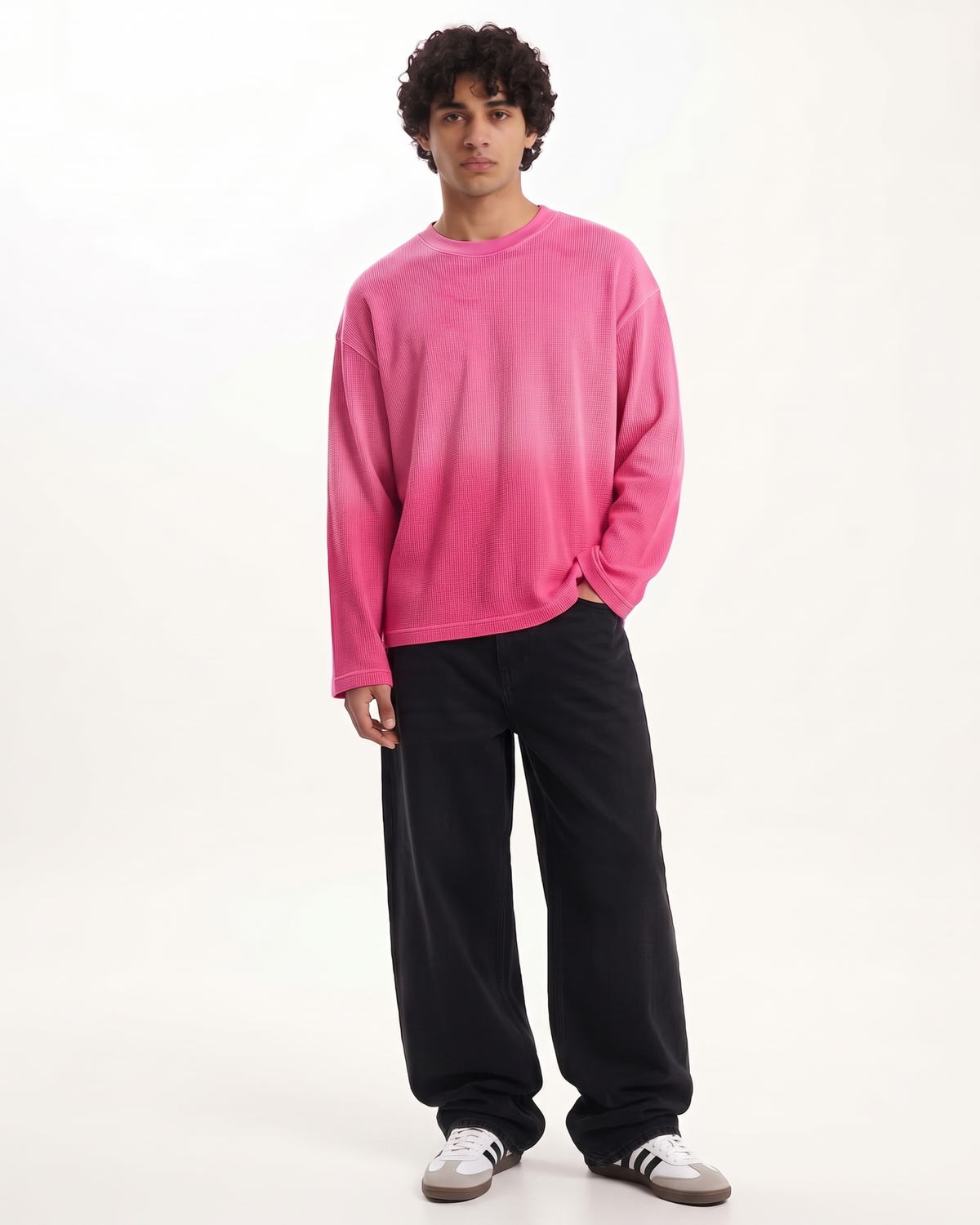 Pink Ombré Waffle Knit Oversized Full-Sleeve T-Shirt | 240 GSM Cotton Waffle Knit Tee