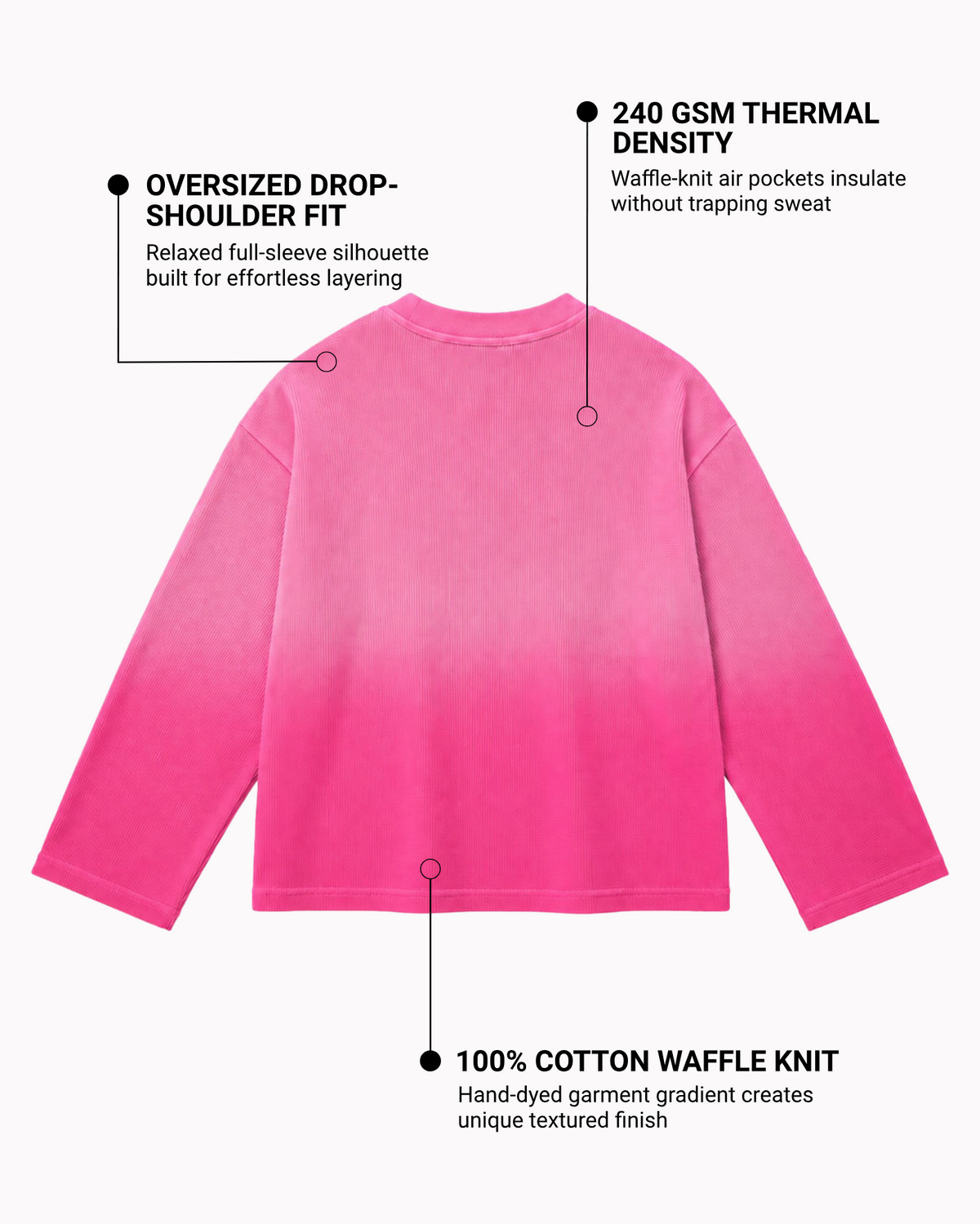 Pink Ombré Waffle Knit Oversized Full-Sleeve T-Shirt | 240 GSM Cotton Waffle Knit Tee