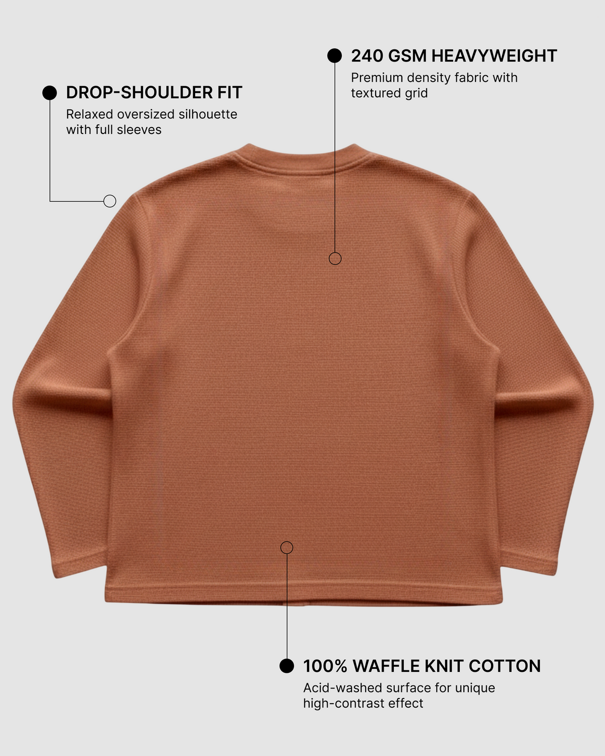 Brown Waffle Knit Oversized Full-Sleeve T-Shirt | 240 GSM Cotton Waffle Knit Tee