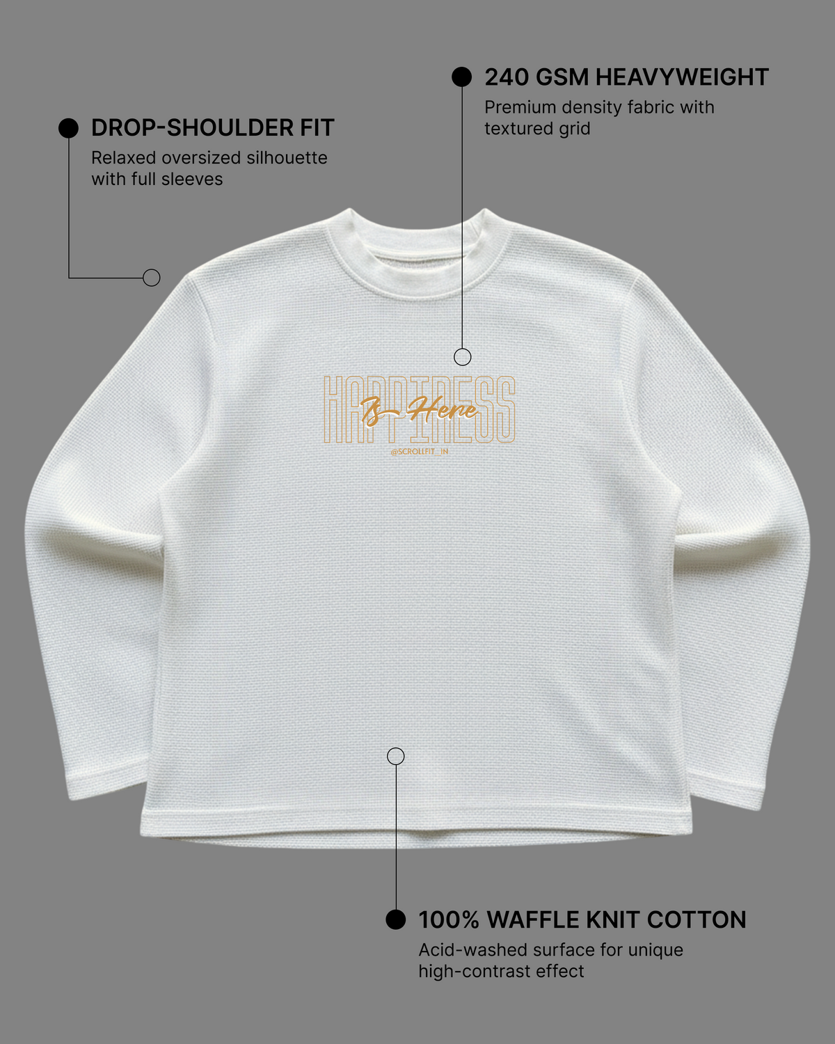 Destroy the Sadness Tee | 240 GSM Off-White Oversized Full-Sleeve Cotton Waffle Knit Graphic Tee