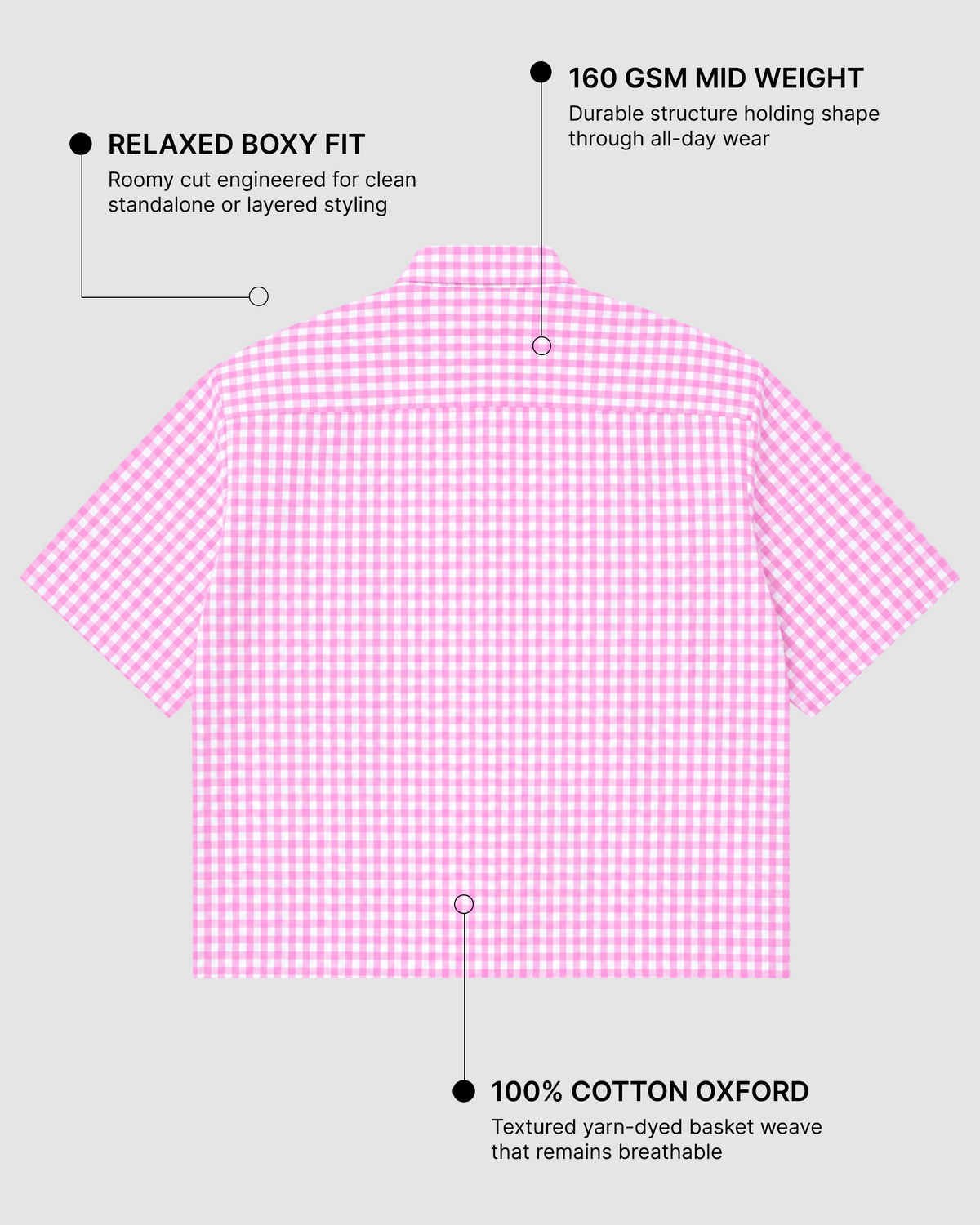 Pink Gingham Oxford Boxy Shirt | 160 GSM Cotton Oxford Check Shirt